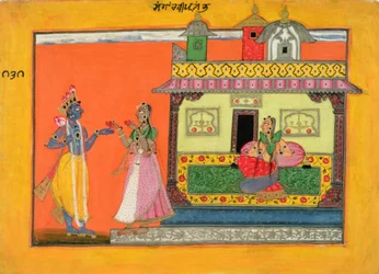 Krishna che arriva a casa di Radha, illustrazione da un manoscritto del Rasamanjari di Bhanudatta, stile Basholi, c.1660-70