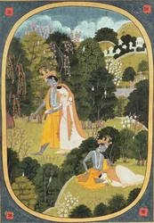 Radha e Krishna che passeggiano in un boschetto
