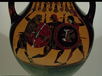 Anfora attica a figure nere decorata con una scena di Eracle vestito con una pelle di leone che combatte Cigno, c.540 a.C. (ceramica)
