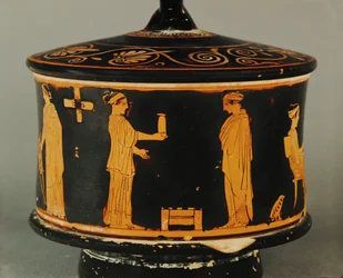 Scena domestica, due donne, una che offre un vaso all