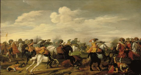 Scaramuccia di cavalleria in un paesaggio