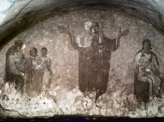 ARTE PALEOCRISTIANA: Catacombe di Santa Priscilla. Cubo della Velata, fine del III secolo (affresco)
