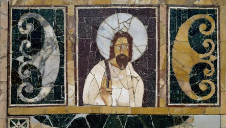 Marmo intarsiato raffigurante il volto di Cristo, manufatto da Roma, Italia, periodo paleocristiano