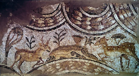 Arte paleocristiana: frammento di mosaici della chiesa: cervi che bevono acqua