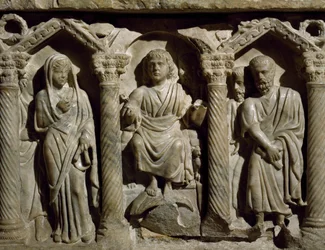 Sarcofago paleocristiano noto anche come Sarcofago del Beato Egidio, marmo, Oratorio di San Bernardino, Perugia, Umbria (dettaglio)