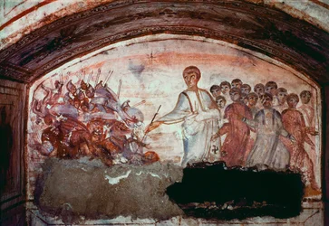 Arte paleocristiana: Passaggio del Mar Rosso. Affresco delle Catacombe di Via Latina a Roma. IV secolo