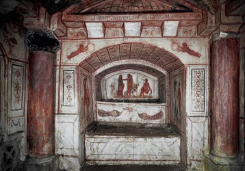 Arte paleocristiana: Ercole (Alcide) riporta Alcesti dagli Inferi e la restituisce al marito Admeto. Affresco del IV secolo d.C., Roma, Catacombe della Via Latina