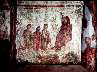 Arte paleocristiana: Mosè salvato dalle acque del Nilo dalla figlia del Faraone. Affresco della Catacomba di Via Latina, Roma