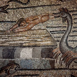 Scena della vita di Giona rappresenta il rigetto del pesce su una spiaggia (dettaglio). Mosaico del V o VI secolo. Cattedrale di Aquileia, Italia