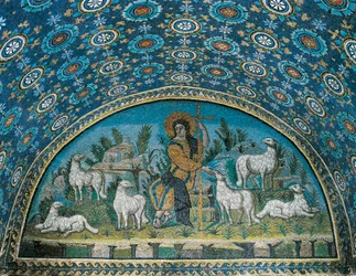 Il Buon Pastore, Mosaico del lunotto sopra la porta d