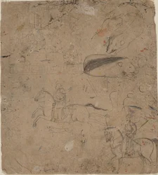 Pagina di un taccuino che mostra sovrani a cavallo, cinghiali e una scena di palazzo, fine XVIII secolo