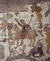 Rappresentazione di Re Artù e Perceval. Mosaico di Pantaleone, sacerdote e mosaicista. 1163-1166. Navata centrale della Cattedrale di Otranto, Italia