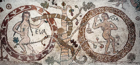 La tentazione di Adamo ed Eva. Mosaico di Pantaleone, sacerdote e mosaicista. 1163-1166. Navata centrale della Cattedrale di Otranto, Italia