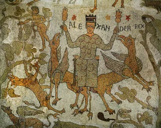 Alessandro Magno in trono sorretto (mosaico)