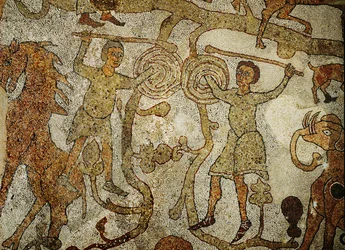 Due guerrieri che combattono. Pavimento a mosaico della cattedrale di (mosaico)