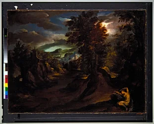Paesaggio montuoso boscoso con Antiope addormentata