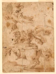Disegno, Testa di uomo barbuto, uomo a cavallo, 1650 ca.