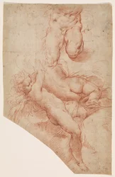 Un angelo o putto, una donna sdraiata di schiena e la parte inferiore del corpo di un uomo muscoloso
