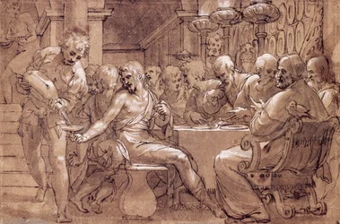 La cena di san Gregorio, disegno di Paolo Farinati (1524-1606), acquerello grigio-bruno, penna, biacca e matita nera, Italia
