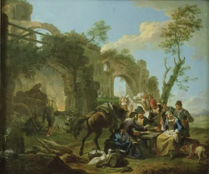 Cavalieri che riposano tra rovine classiche con una chiromante