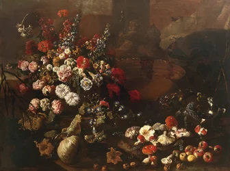 Natura morta con fiori, frutta, funghi e uccelli