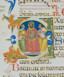 Re Davide che suona un salterio, miniatura di Paolo Soldini, (dettaglio) di un Libro dei Salmi