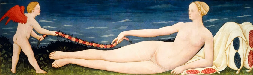 Venere su cuscini con una ghirlanda di fiori e un putto