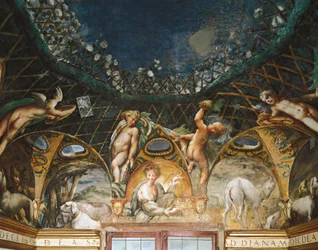 Cerere che assiste agli eventi circondata da cani da caccia e cherubini, da Mito di Diana e Atteone