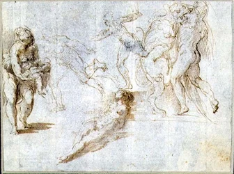 Studi di figure: donna che tiene un bambino; uomo inseguito da un altro; donna nuda sdraiata a terra; Ercole e il leone di Nemea