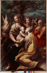 Madonna col Bambino, santa Margherita, san Michele, san Girolamo e san Petronio (Petrone, Petronius). Dipinto di Francesco Mazzola, detto il Parmigianino (1503-1540), 1528-1529. Dimensioni: 222 x 147 cm. Bologna, Pinacoteca Nazionale.