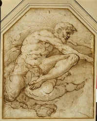 Figura maschile sollevata tra le nuvole da putti