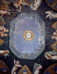 Putti e scorcio di cielo, 1524 circa, di Francesco Mazzola, detto il Parmigianino, affresco, volta della Sala di Diana e Atteone, Rocca Sanvitale, Fontanellato, vicino a Parma, Emilia-Romagna, (dettaglio)