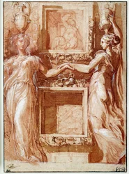 Due canefore che si danno la mano, su entrambi i lati delle scatole Disegno a inchiostro, lavaggio, sangue e alette bianche di Girolamo Francesco Maria Mazzola detto Parmigianino o Il Parmigianino