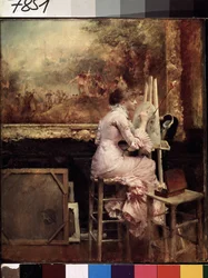 Giovane artista che fa un acquerello al museo del Louvre