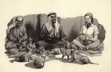 Un uomo arabo nutre i suoi gatti (gouache su carta)