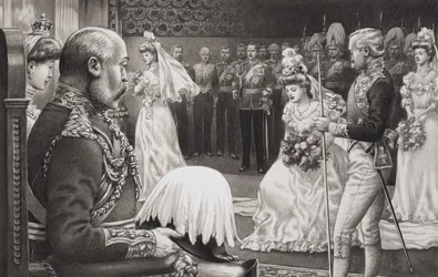 Presentazione delle debuttanti a Edoardo VII (1844-1925) e alla regina Alessandra (1841-1910) (gouache su carta)