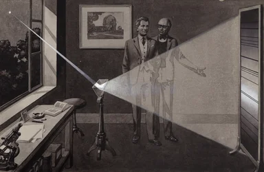 La luce di una stella colpisce un prisma, dividendosi in un arcobaleno di colori (gouache su carta)