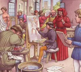 Lorenzo de Medici visita la scuola per artisti (guazzo su carta)