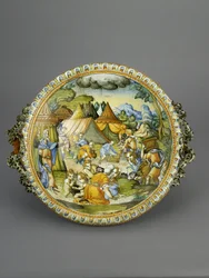 Bacino con la raccolta della manna, probabilmente Urbino, c.1600-20