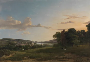 Veduta di Cessford e del villaggio di Caverton, Roxboroughshire in lontananza