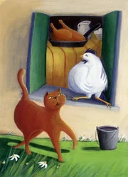 Gatto e gallina nel cortile della fattoria - illustrazione di Patrizia La Porta