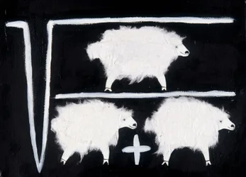 Clonazione: Un simbolo matematico che rappresenta operazioni di calcolo con radice quadrata, divisione e addizione, con una pecora usata come cavia. Collage di cotone bianco su sfondo nero.