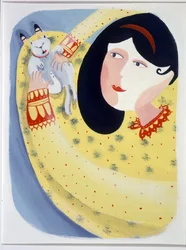 Giovane donna che accarezza il suo gatto - illustrazione di Patrizia La Porta