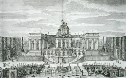 La Grande Grotta e il Giardino della Fontana al Palazzo del Piacere Principe e Giardini, Berlino, inciso da Johann August Corvinus, pubblicato c.1711-16