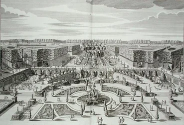 La Grande Cascata del Palazzo del Piacere Principe e Giardini, Berlino, inciso da Karl Remshard, pubblicato c.1711-16