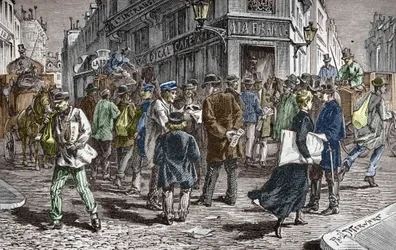 Veduta di Rue du Croissant a Parigi, sede di molti giornali