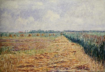 Un paesaggio olandese piatto sotto un cielo estivo con nuvole bianche chiare, c.1890