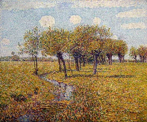 Paesaggio olandese con salici in primavera in una piccola valle prativa