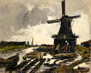 Olanda, un paesaggio di canali con un mulino a vento per segare legno, c.1885