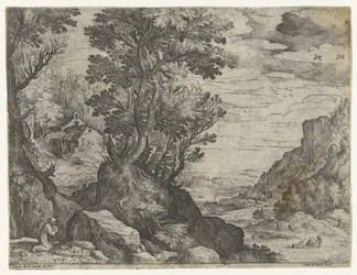 Paesaggio montano con eremita in preghiera